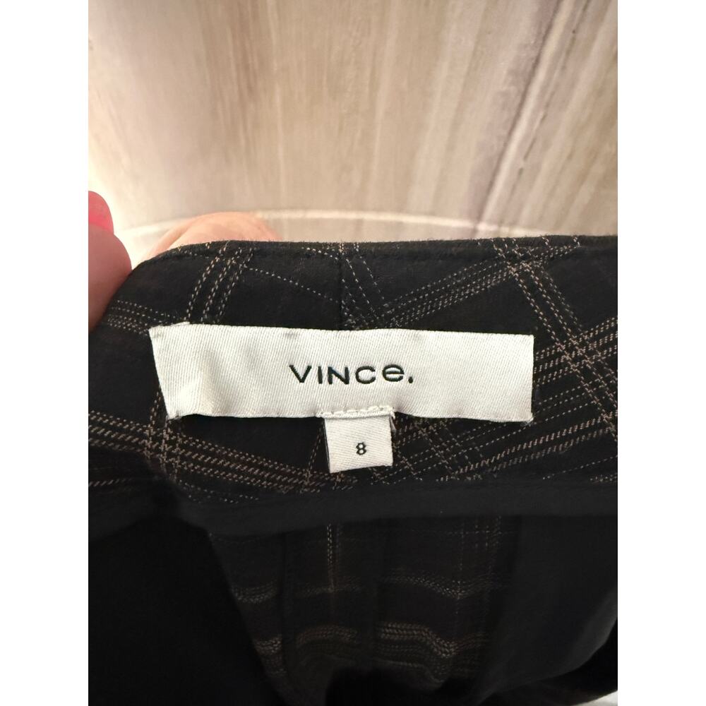 Vince Classic High Rise Pleated Trousers Wide Leg Plaid Black Brown Size 8 - Picture 5 of 7